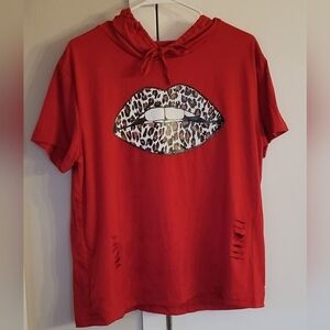 Red Leopard Cutout Lip Adjustable Drawcord Hoodie